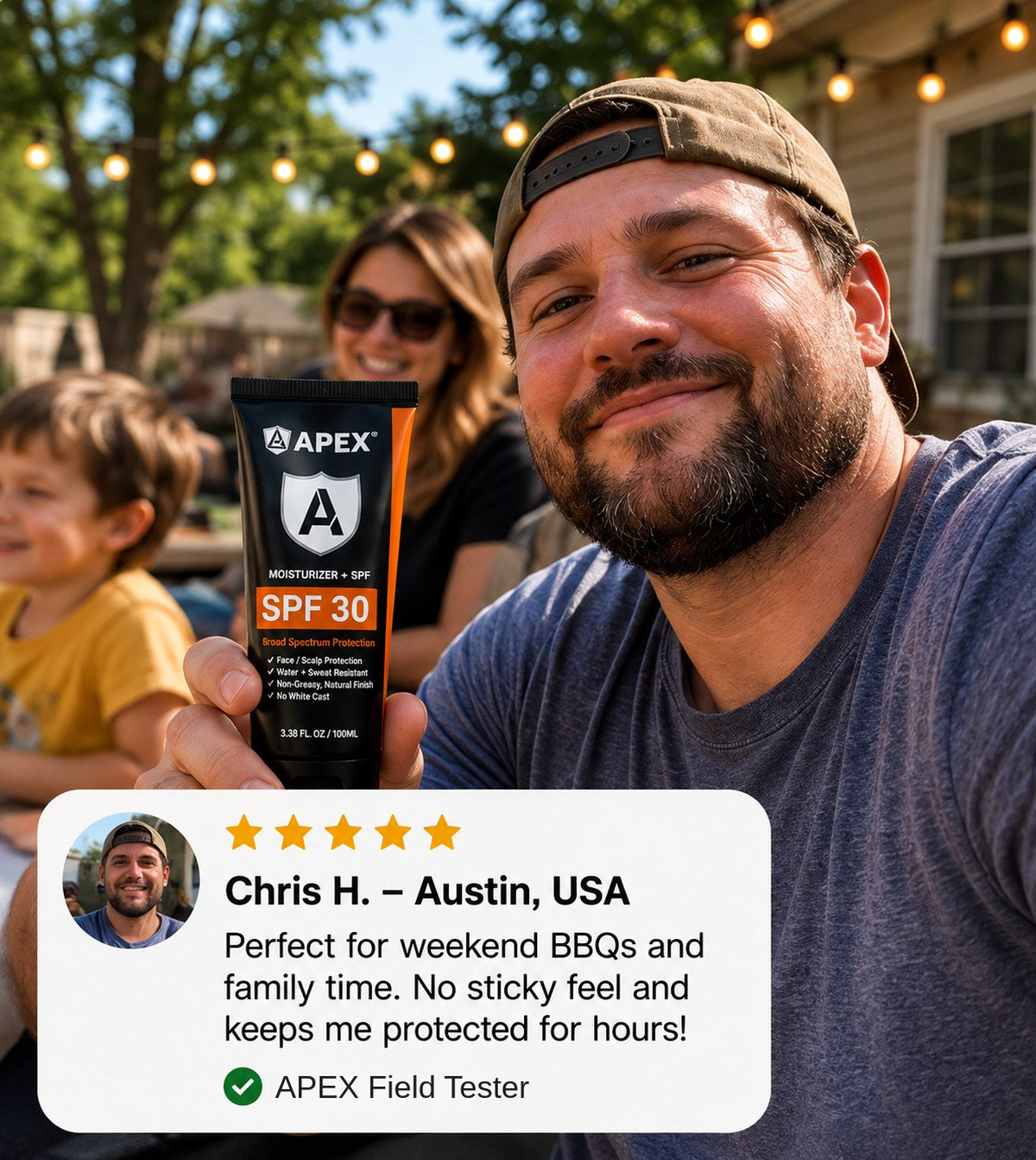 Chris H. from Austin holding APEX at a family cookout. His five-star review reads: perfect for weekend BBQs and family time, no sticky feel and keeps me protected for hours.