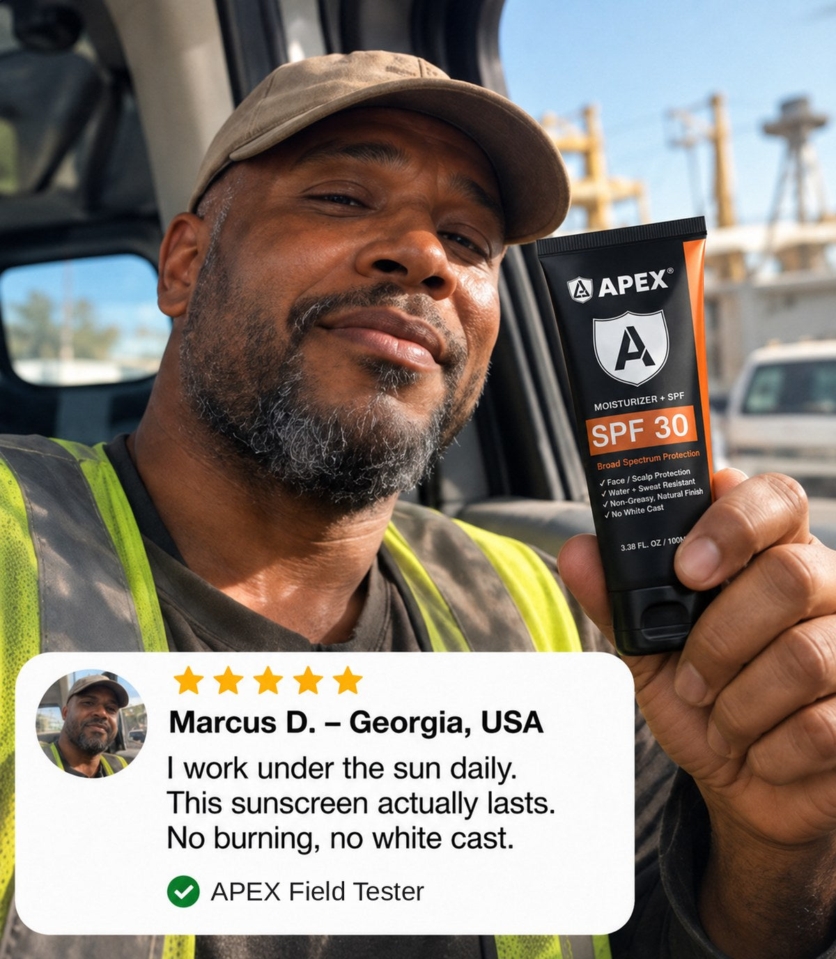Marcus D. from Georgia in a work vest holding APEX. His five-star review reads: I work under the sun daily, this sunscreen actually lasts, no burning, no white cast.