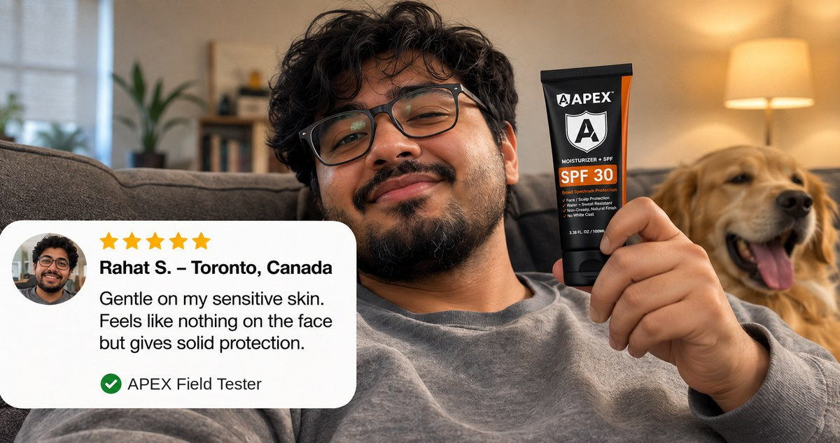 Rahat S. from Toronto holding APEX Advanced Shield SPF 30. His five-star review reads: gentle on my sensitive skin, feels like nothing on the face but gives solid protection.